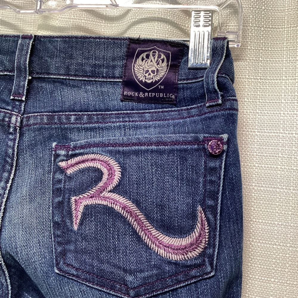 Rock & Republic San Jose Flare Jeans Dark Wash Purple Stitching Buttons Size 25